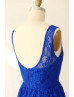 Royal Blue Grey Mint Blue Lace U back Knee Length Bridesmaid Dress